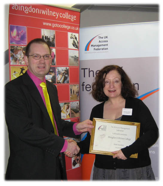 Abingdon And Witney College Abingdon · ukfed abingdonwitney 200 jpgTim Kidd Head of Operations at JANET UK congratulates Christine Brown Head of Library and 
